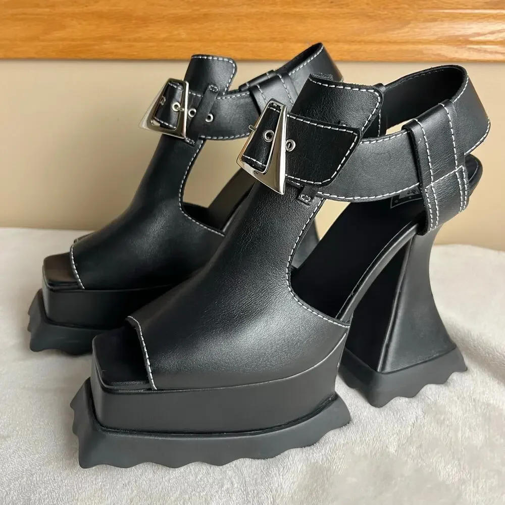 John Fluevog Munster Max Daisy T-Strap Platform Heels in Black